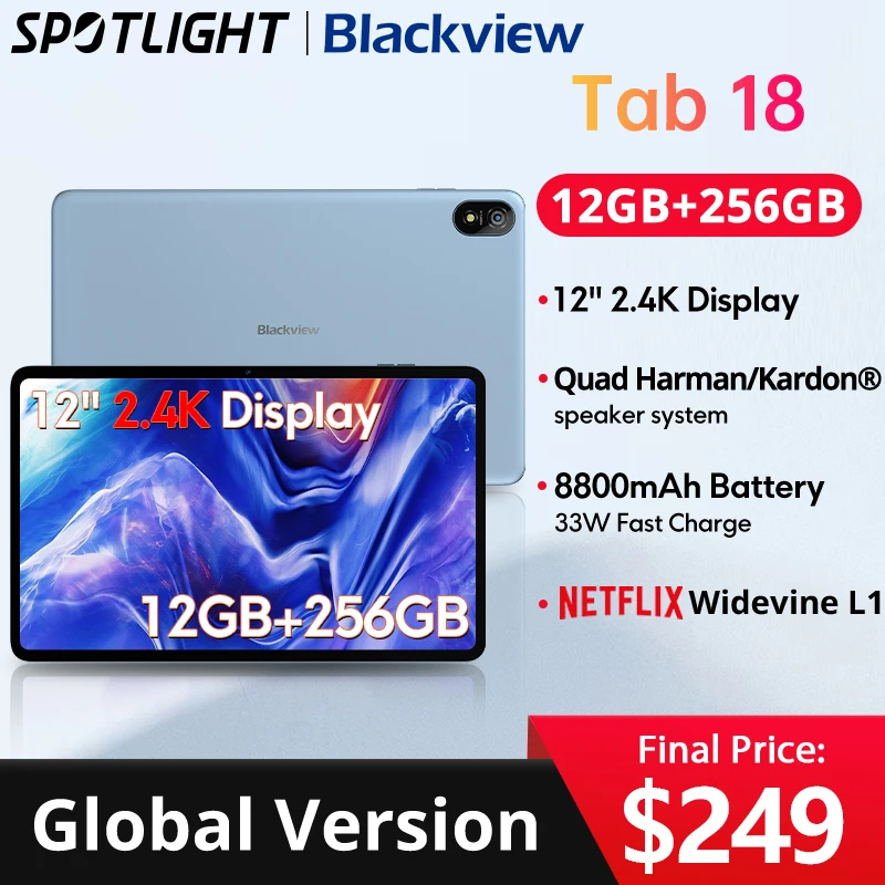 Blackview Tab 18 Tablet Da 12 Pollici 12Gb + 256Gb 16Mp 2.4K Fhd + Display 8800Mah Batteria Widevine L1 Mtk Helio G99 33W