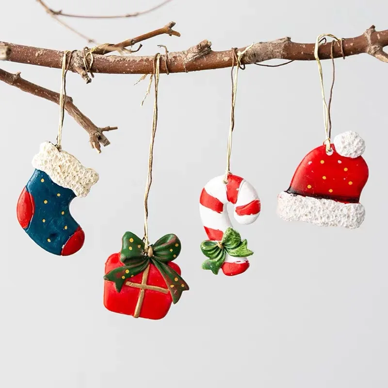 

New Christmas Resin Crutches Gift Ornaments Christmas Tree Socks Hat Hanging Pendant Wreath Decorations Xmas Home Decor Navidad