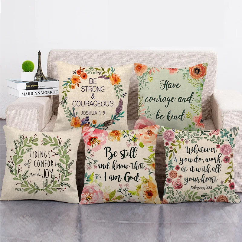 

Colorful Flower Pillowcase Inspirational Quotes Cotton Linen Pillows Case for Living Room Sofa Bed Interior for Home Decor 45x45