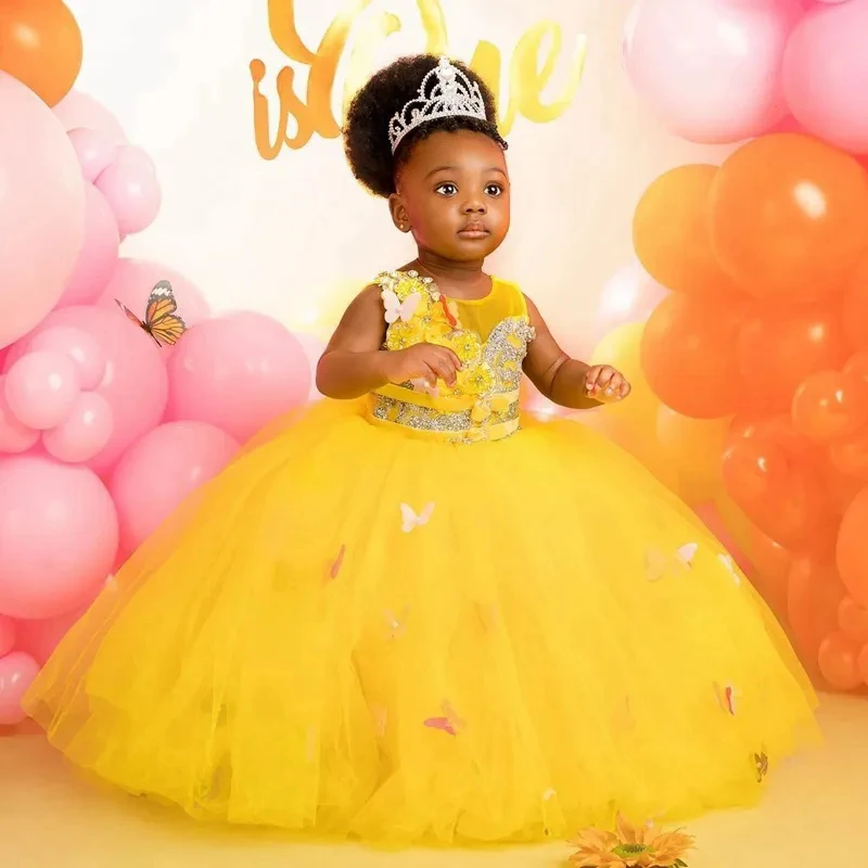 

Light Yellow Flower Girl Dresses Little Kids Ball Gown Jewel Appliqued Crystals Tulle Tiered First Birthday Party Dress