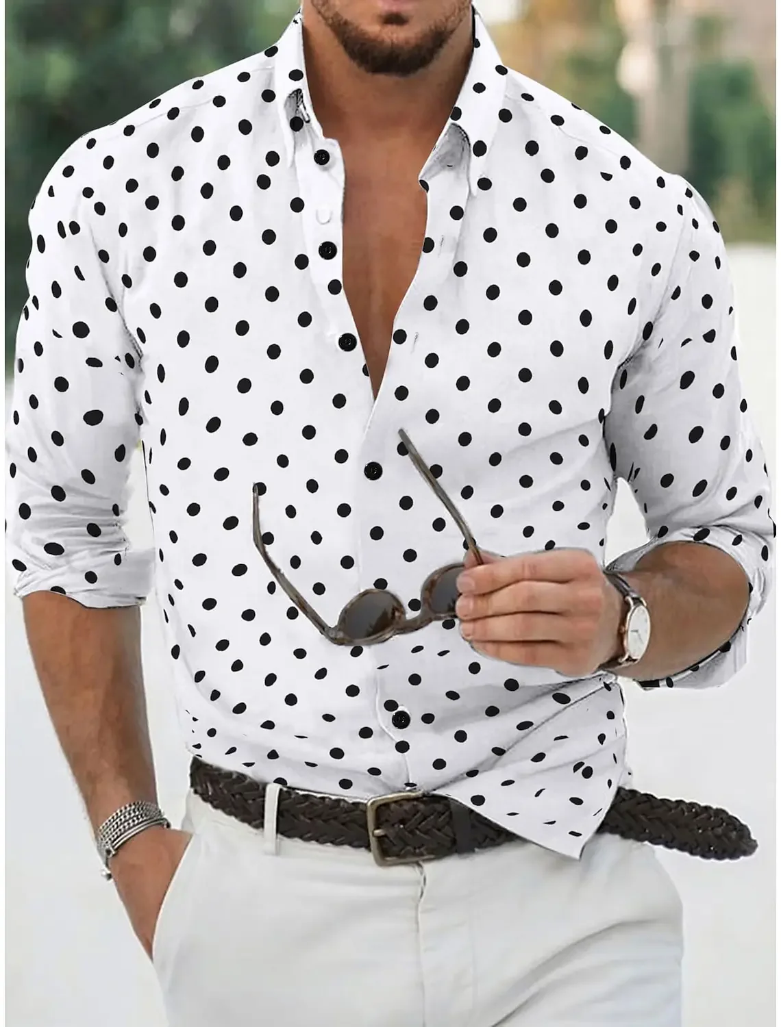 

Рубашка мужская на пуговицах, повседневная и удобная повседневная, с длинным рукавом, с лацканами, в горошек, на лето