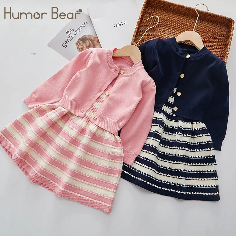 

Humor Bear Girls Clothes Set Autumn Winter Knitted Cardigan+Sling Striped Dress 2Pcs Casual Toddler Kids Clothes