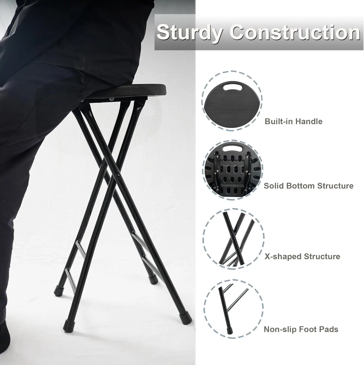 24-inch folding stool with handle, non-slip foot folding bar stool, 600 lb capacity, (13 "x 11.5" x 24") 4