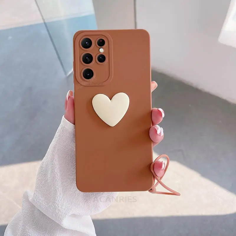 Cute 3D Love Heart Silicone Phone Case with Lanyard Wrist Strap Cover