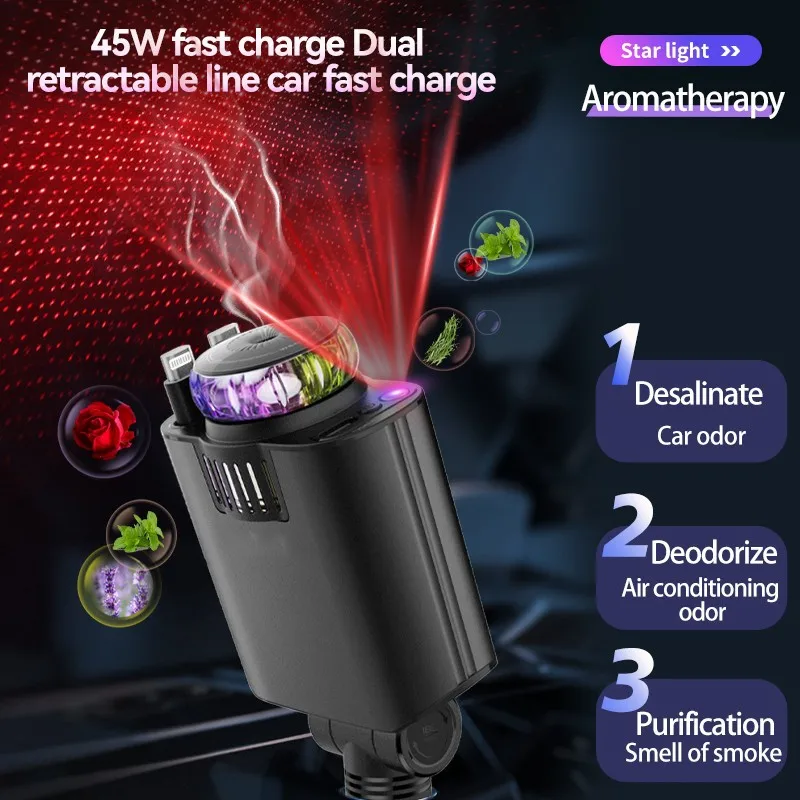Upgraded Fashionable 5 in 1 Car Charger with Two Expansion Cables and Multifunctional Cigarette Lighter Plug for Fragrance Spray 3