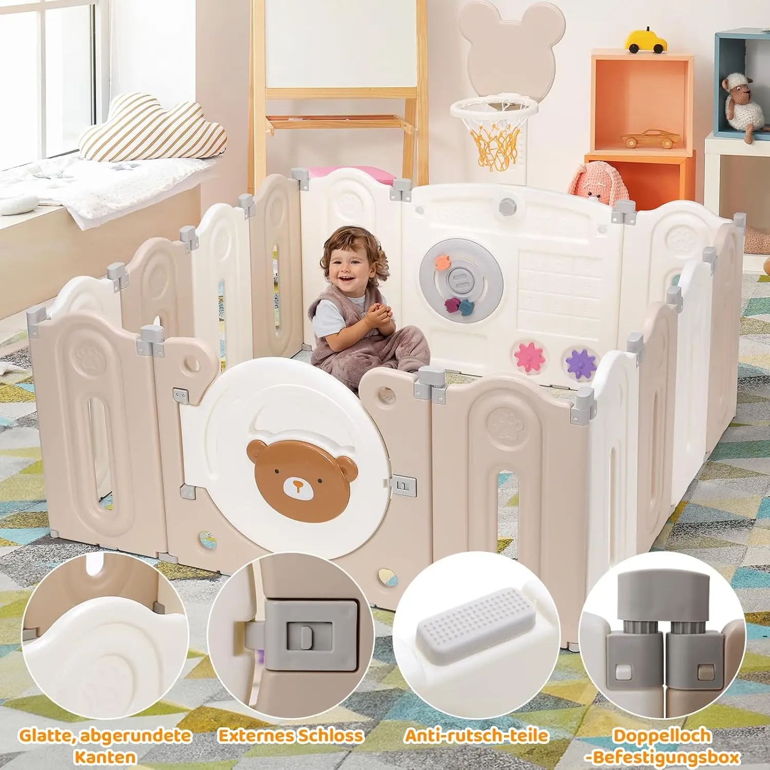 Foldable Baby Playpen 14-Panel Baby Fence Kids Activity Center Safety Play Yard with Basketball Hoop and Toy Board