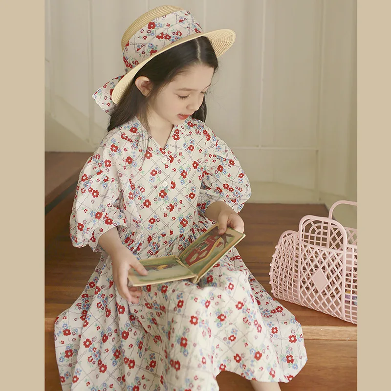 

Summer Child Dress Teenager Korea Sweet Elegant Clothes Red Floral Print Puffl Sleeve Cotton Kids Dress