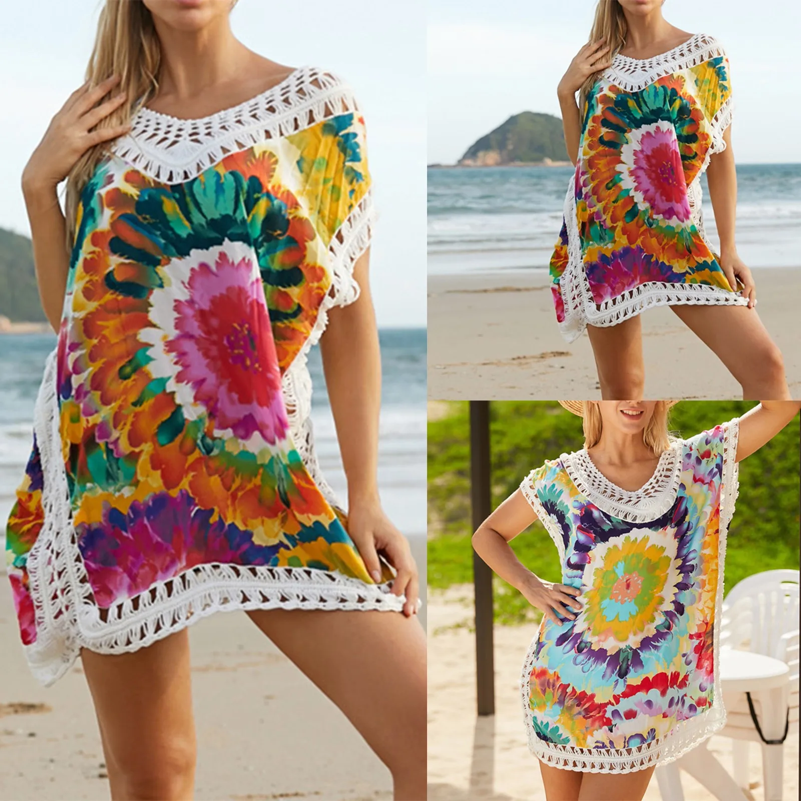 Women-Beach-Wear-Swimsuit-Cover-Ups-Colorful-Print-Loose-Conservative ...