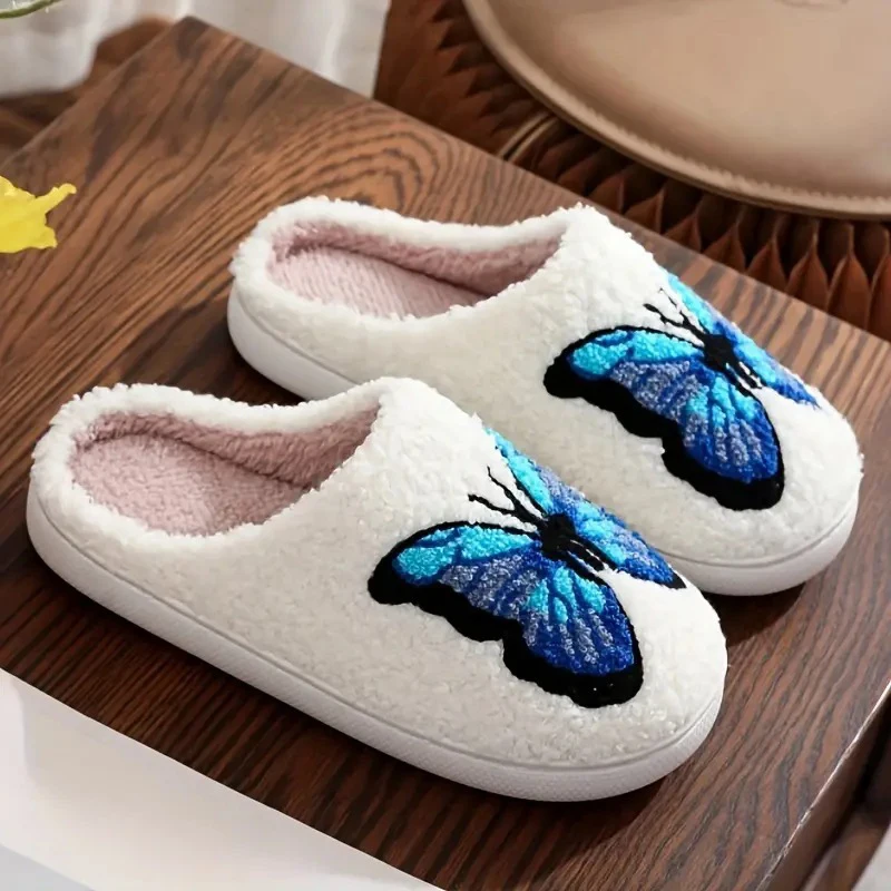 Lucyever Butterfly Embroidery Plush Woman Slippers Non Slip Soft Home Slides Shoes Women Winter Comfy Warm Cotton Shoes Female 2