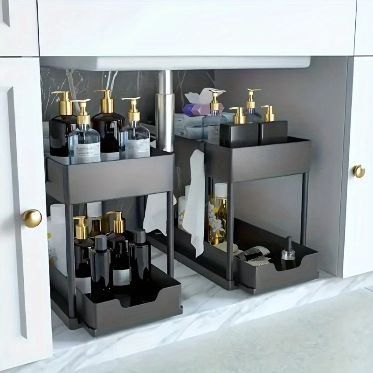 Durable Multipurpose  Organizer Rack - Stylish Black Shelving Unit for Bathroom, Kitchen & Under Sink Use - Effortless Spice Bot 6