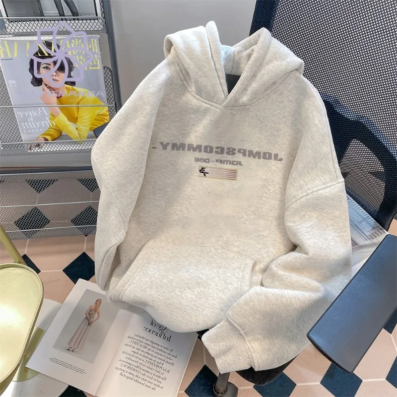 

American Oversize Letter Print Hooded Sweatshirts 2023 Autumn Women's Thickened Top Coat Women Solid Casual Hoodies