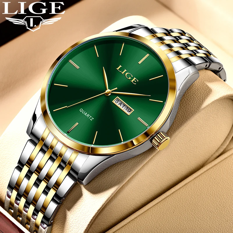 LIGE Business Fashion Watch Stainless Steel Band Top Brand Luxury Quartz Watches for Men Casual Waterproof Date Weeks Man Clocks