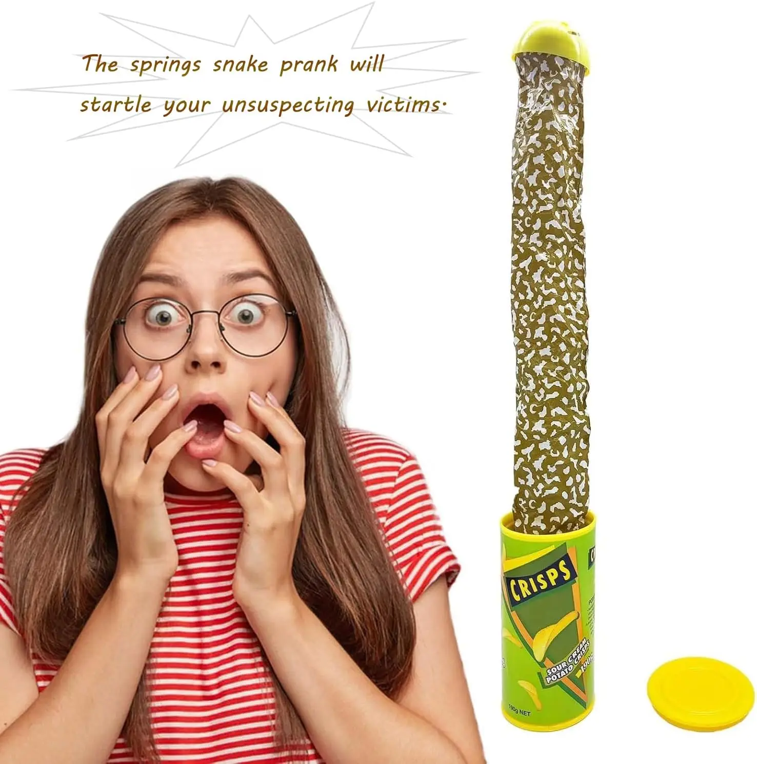 Funny Potato Chip Can Jump Spring Snake Toy Scare Prank Fun Surprise Joke Prank Trick Toy for Kids Party Game Christmas Gift