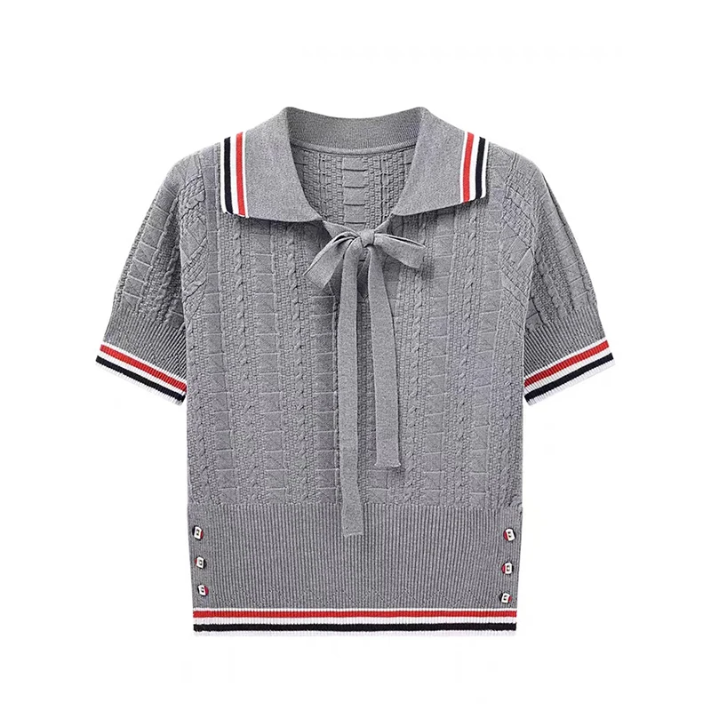 Autumn New TB Women's Sweater College Style Sweet Lace-up Polo Collar Shirt Loose Casual Striped Knitted Short-sleeved Tops