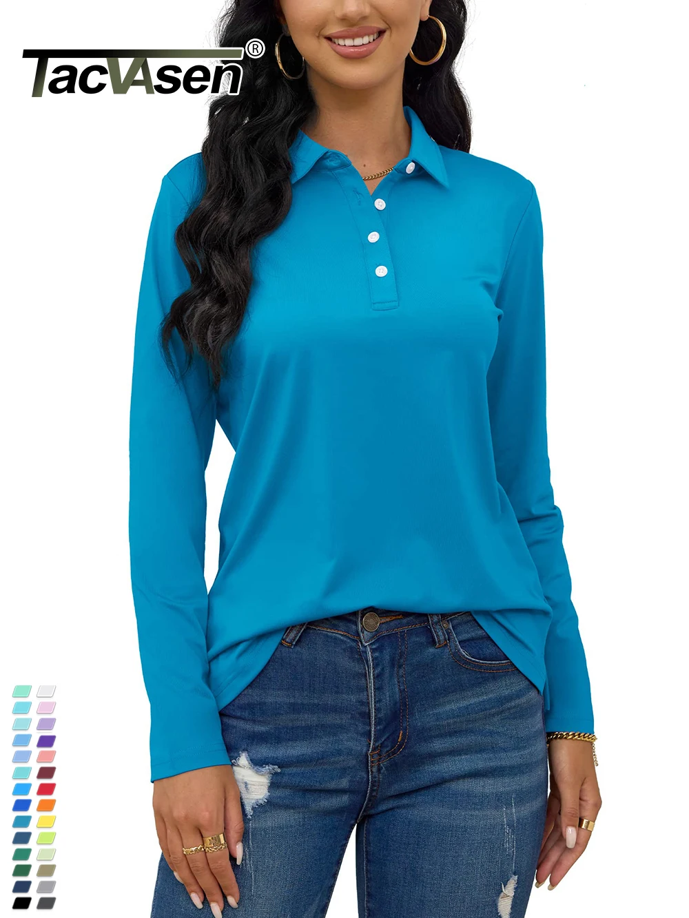 TACVASEN UPF 50+ Quick Dry Summer Golf Polos Shirts Womens Long Sleeve Button Down Polo T-shirts Tennis Hiking Trainning TShirts