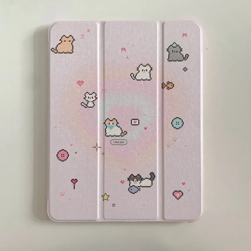 Tri-Fold Mirror Tablet Case with Pencil Holder and Cute Pixel Art Cat Design
