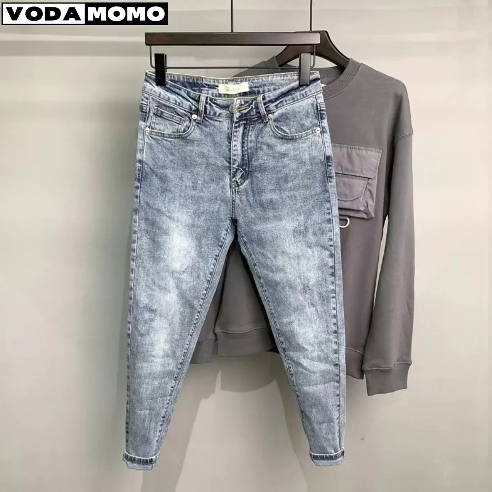 Semplice Versatile Estate Vecchio Denim Retrò Da Uomo Coreano Matita Di Colore Chiaro Pantaloni Da Uomo Boyfriend Jeans Uomo Jeans Pantaloni Slim Fit