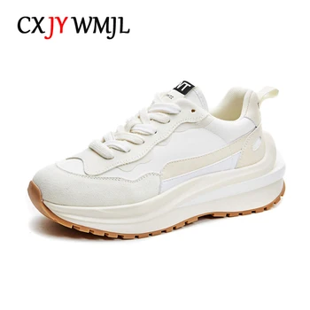 CXJYWMJL 여성용 정품 가죽 플랫폼 스니커즈, 봄 캐주얼 스포츠 청키 신발, 두꺼운 밑창 통기성 가황 신발