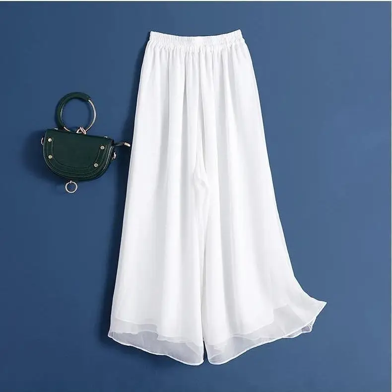 Fashion Woman Casual Chiffon Wide Leg Pants Big Size Loose Solid White Elastic Band High Waist Female Clothing Oversize Trousers
