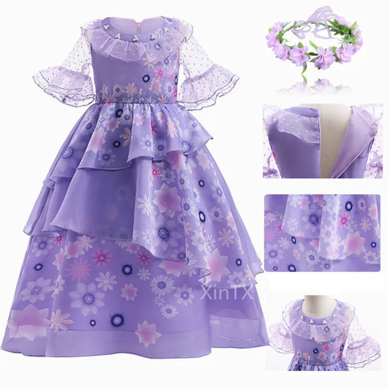 2022 NEW!Encanto Cosplay Costume Girl Dress Cloak Halloween Princess Party Clothes Flower Ruffles Long Dress Girl Mirabel Dress french maid outfit