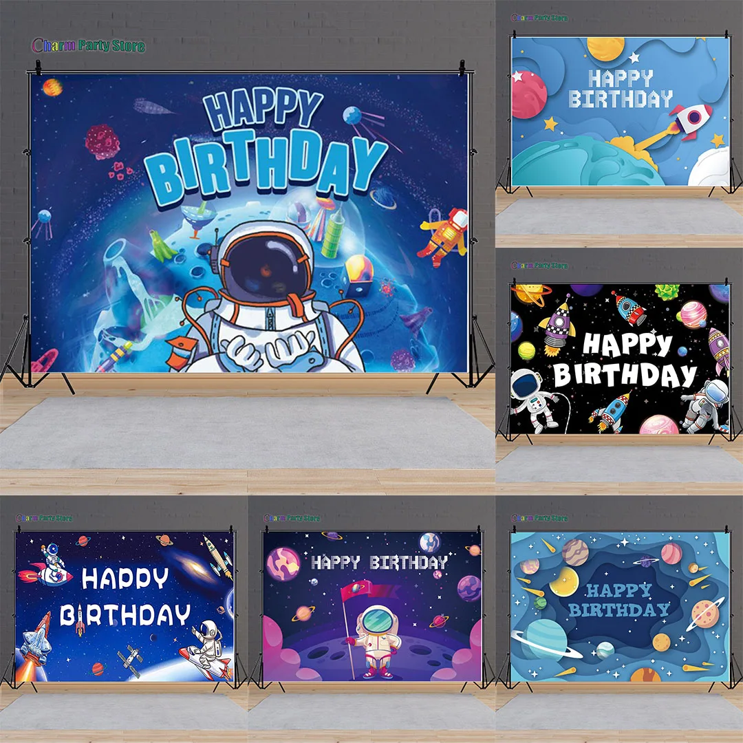 

Charm Outer Space Happy Birthday Backdrops Universe Planet Galaxy Spacecraft Astronaut Blast Off Rocket Baby Shower Photo Studio