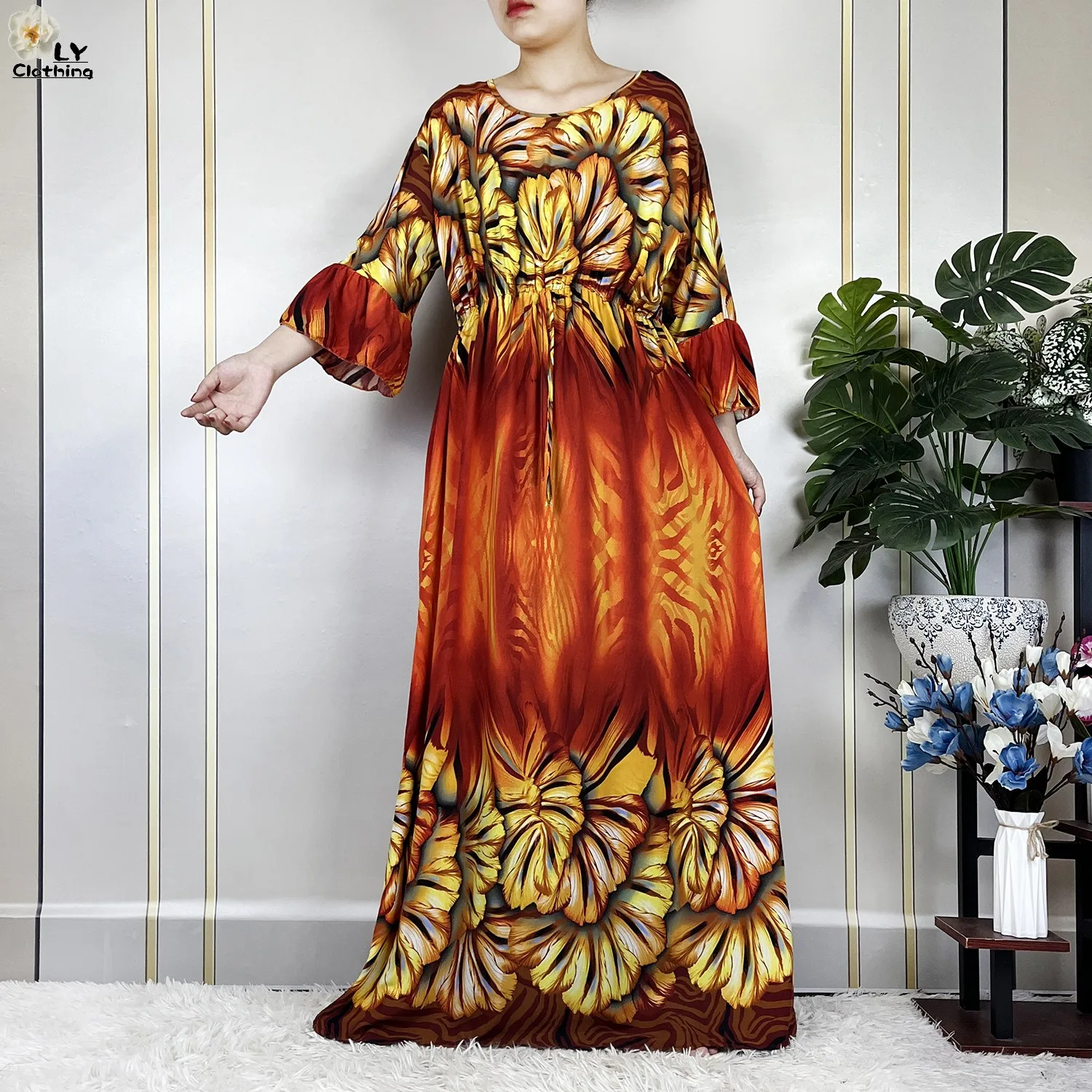 2023 New African Women Summer Fashion Dress With Big Scarf Dubai Maxi Lady Half Sleeve Collect Waist Printing Floral Casual Robe