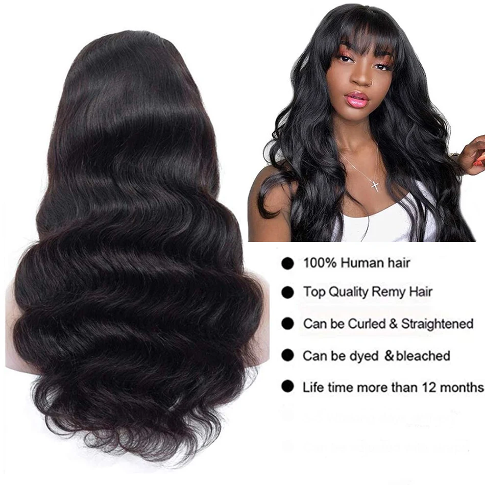 Lijmloze Body Wave Menselijk Haar Pruiken Met Pony Korte Bob Pruik 180% Dichtheid Braziliaanse Franje Remy Full Machine Gemaakte Pruik Voor Vrouwen