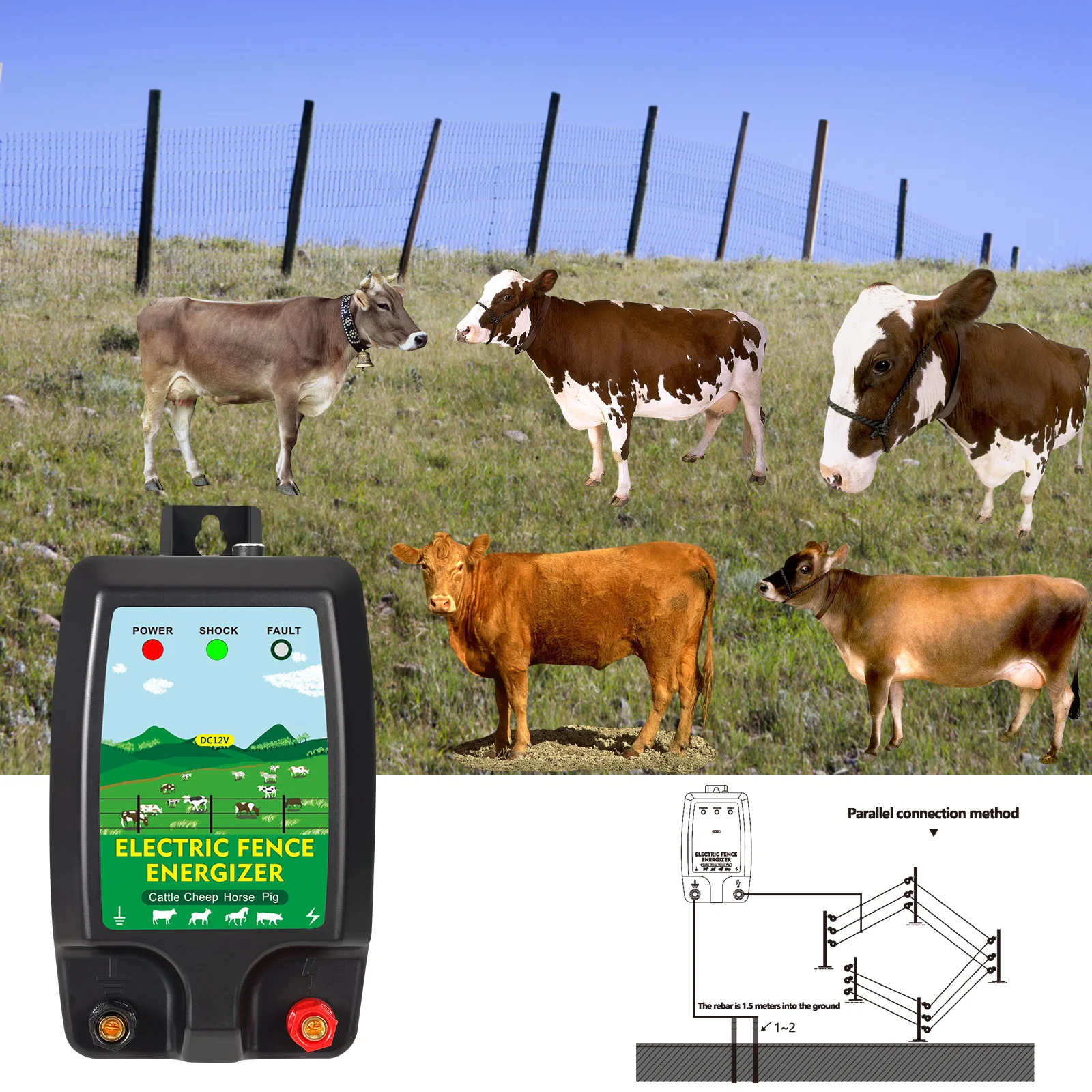 Electric Fence Energizer 10KM High Voltage Controller for Livestock Sheep Cattle Horse Poultry