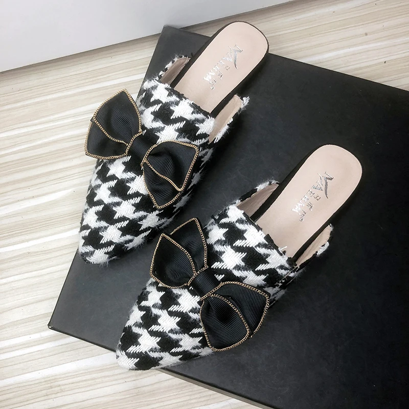 

Women Mules Black Dog Tooth Bowknot Pointed Toe 2023 Summer New Outside Slippers for Woman Girls Lady Shoes Size 33-43 All Match