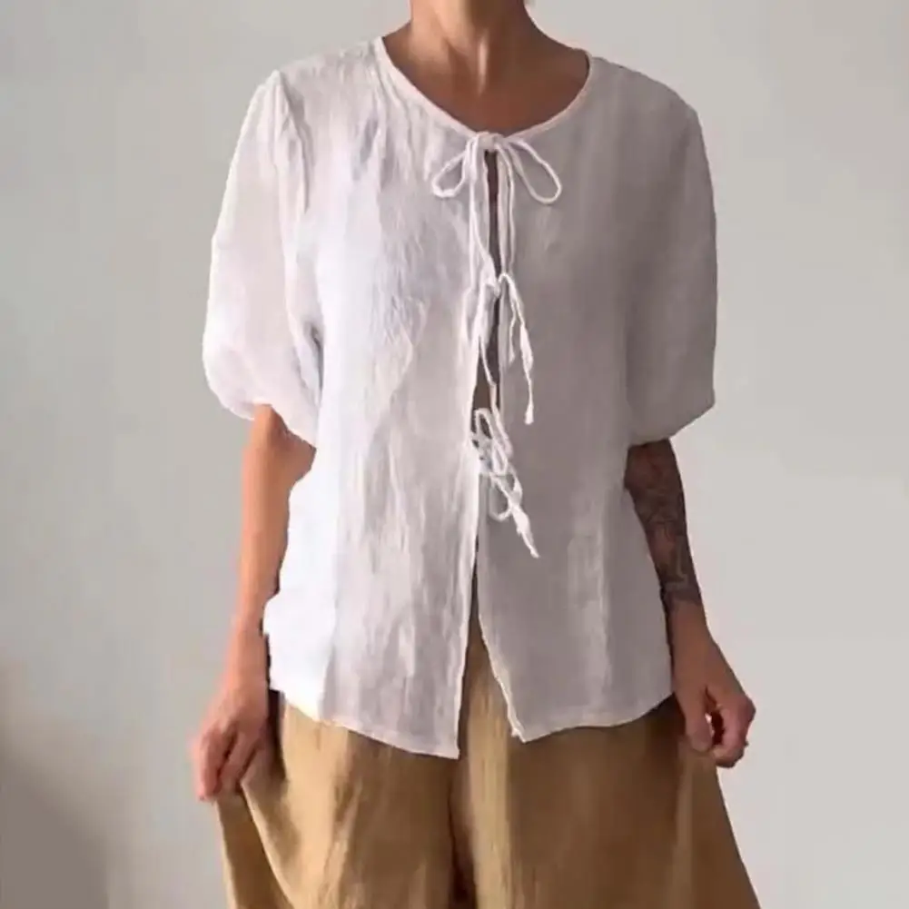 Loose Bow Lace Up Shirt Two Piece Set Wide Leg Trousers 2-piece Set Short Sleeve Top Lady Streetwear Suit Casual Womens Outfits