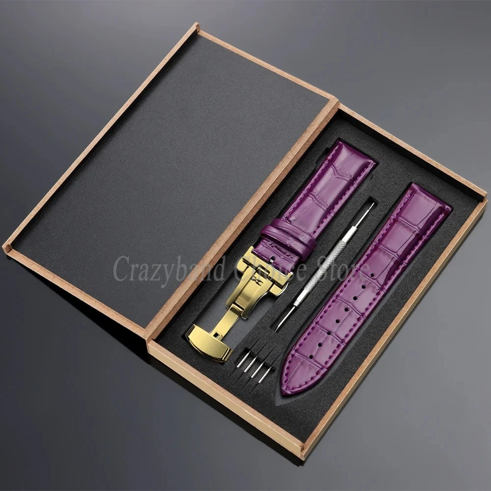 Elegant Leather Watch Strap with Metal Butterfly Clasp and Wooden Box (14mm-22mm)