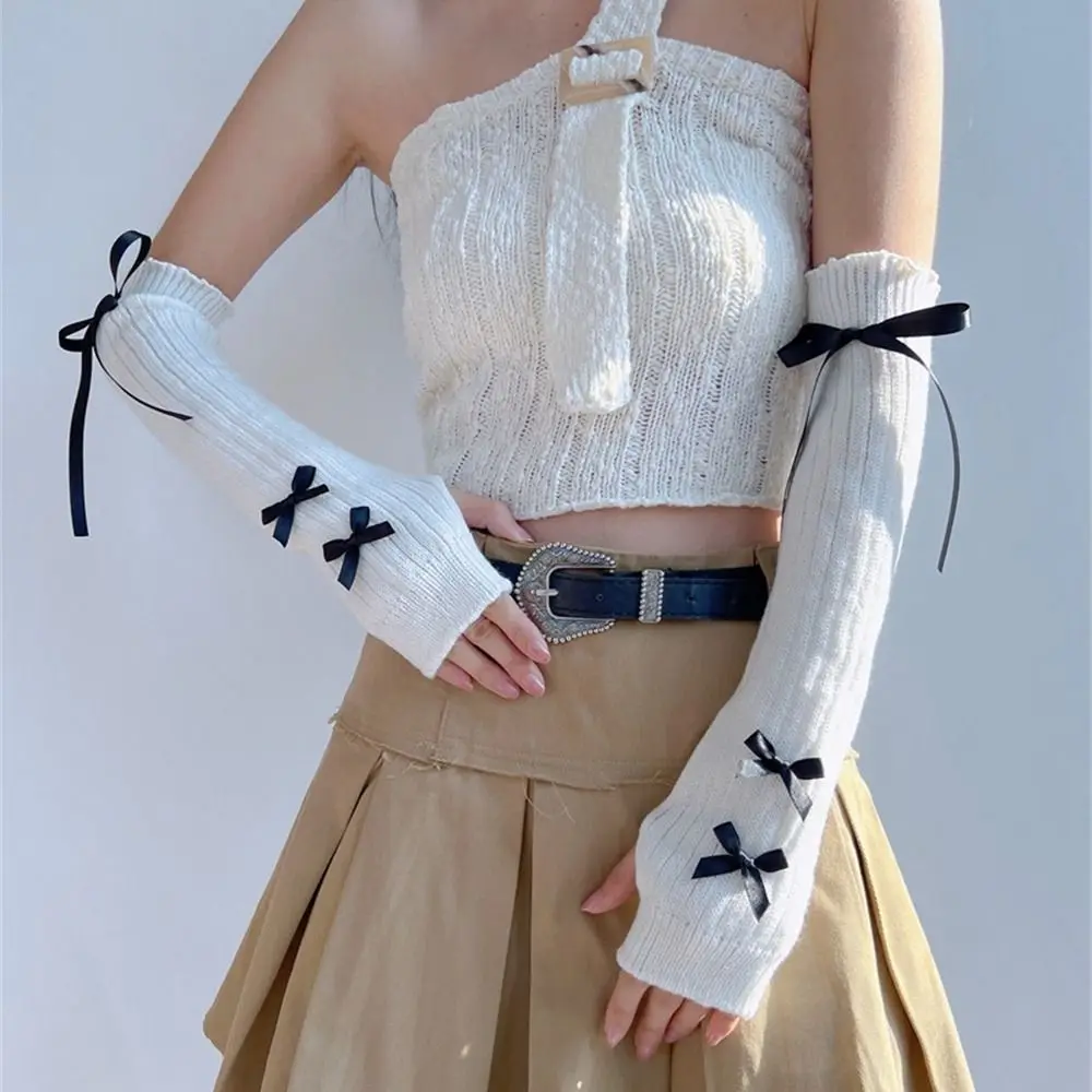 Fingerless Long Wrist Gloves Arm Warmers False Sleeves Knitted Gloves Finger Sleeves Cover Black White Half Finger Gloves