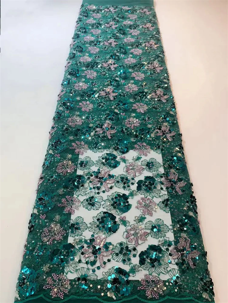 

Luxury Nigerian Bead Tube Embroidered Lace Green Tulle Fabric 5 Yards 2023 High Quality Pearl Sequined Fabric For Party Dresses