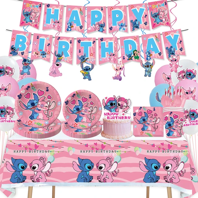 Décorations de fête d'anniversaire Disney Pink Stitch, ballons, vaisselle  de poulet, fournitures de fête pour enfants, assiette, tasse, bannière, CAN  o & Stitch - AliExpress