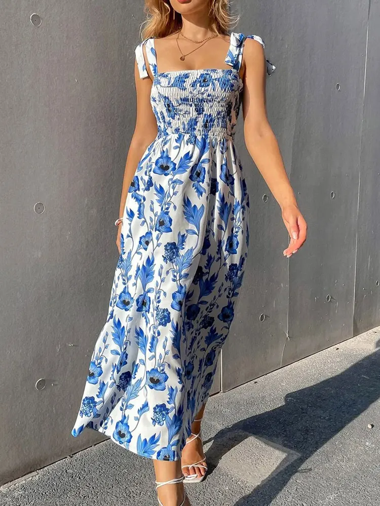 

Summer Floral Maxi Dress Women Holiday Elegant Long Party Dress Ladies Spaghetti Strap Flower Print A Line Dresses For Women