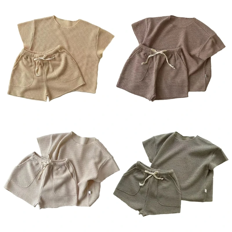 

0-3Y Toddler Outfit Baby Suit Short Sleeves & Shorts Set Solid Color Summer Casual Loungewear Skin Friendly Clothes 69HE