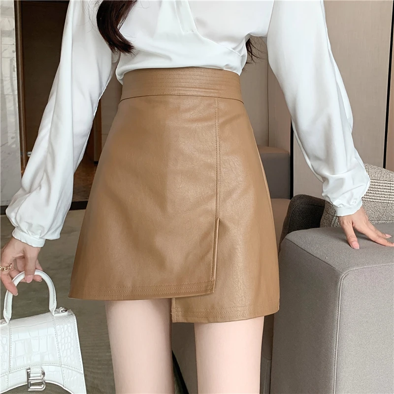 Circyy Mini Skirt Women High Waist Designer Irregular Solid A-Line Leather Skirts Spring New Korean Fashion Office Lady Clothes