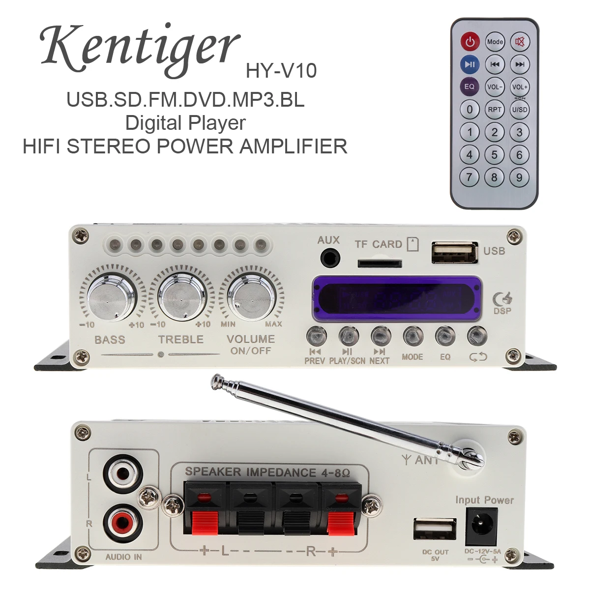 

HY-V10 20W x 2 2CH Hi-Fi Bluetooth-совместимый автомобильный усилитель мощности аудио FM-радио плеер Поддержка SD / USB / DVD / MP3 вход