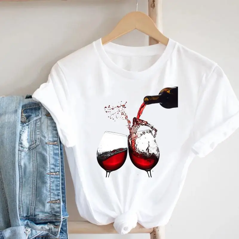 Women Printing Clothing Wine Lady Short Sleeve Casual 90s Cartoon Fashion Pretty Print Tee Top Tshirt Nice Graphic T-shirt