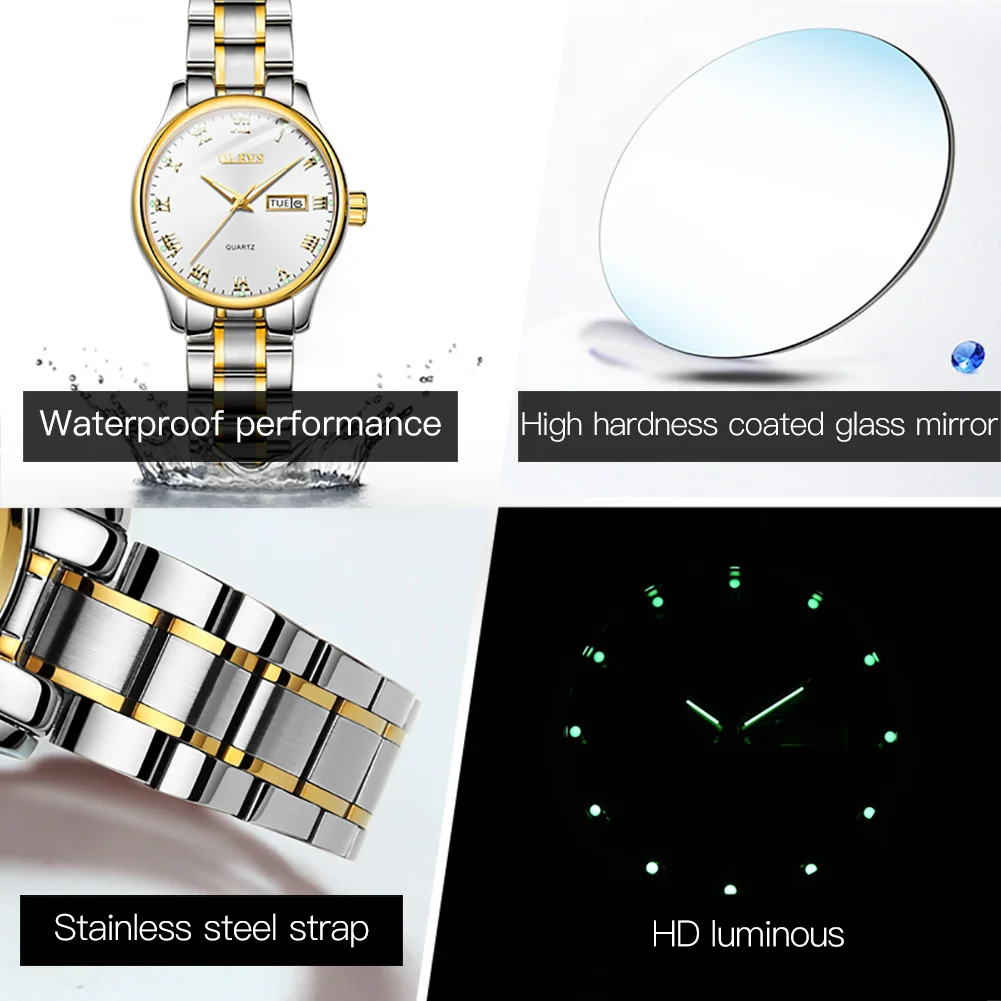 OLEVS Fashion Quartz Watch for Women Stainless Steel Dual Calendar Dial Waterproof Luminous Casual Elegant Ladies Wristwatches