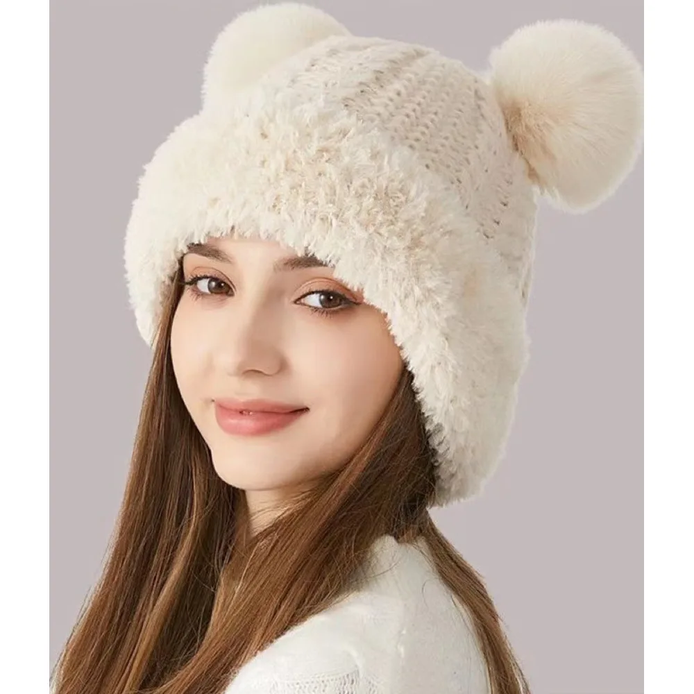 Ragazze coreane carine che lavorano a maglia in inverno con ferri grossi, pasta fritta, intrecci di peluche, protezione per le orecchie, cappello di lana_voghion.com