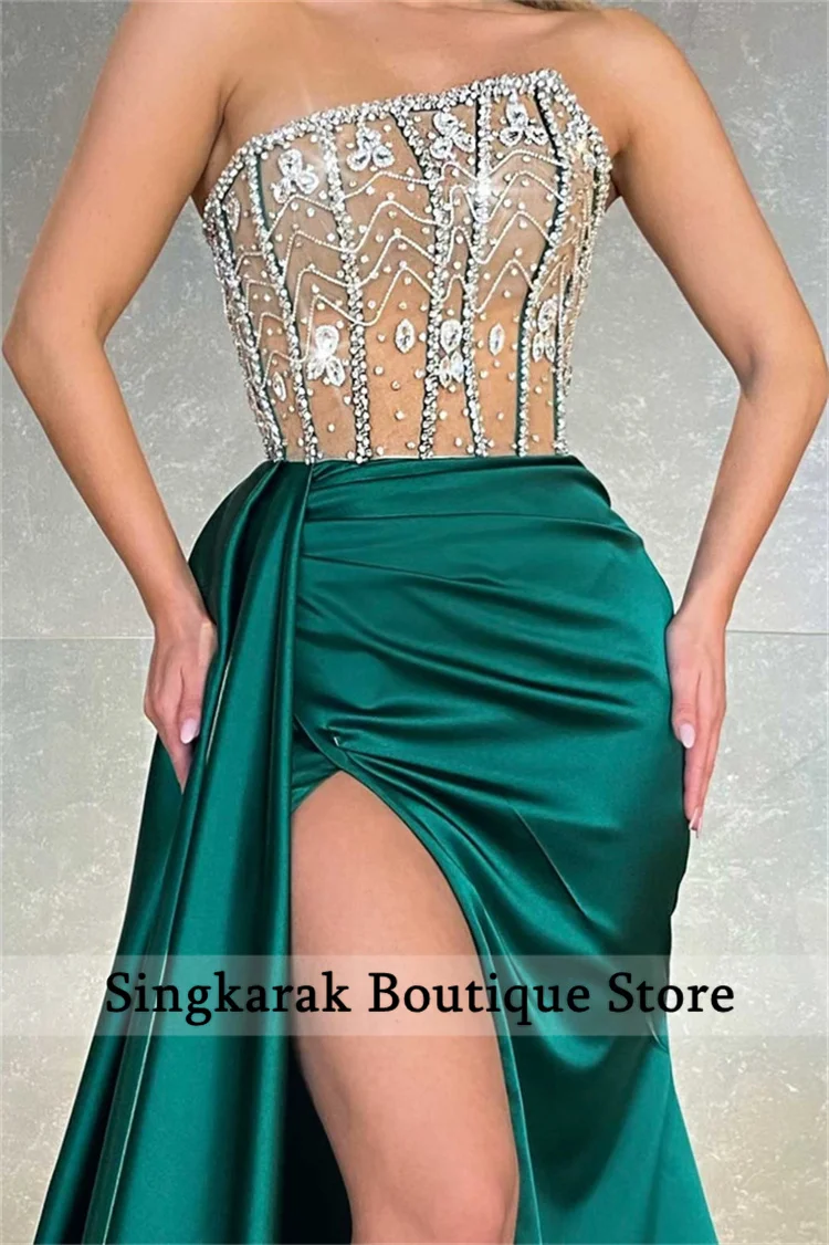 black formal gown Sparkly Mermaid Evening Dresses  2022 Nude Pleats Beads Crystal Formal Party Gowns Birthday Wear Robes De Soirée red evening gowns