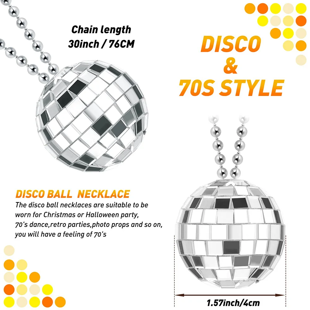 Disco Ball Costume Jewelry Decorations 1970s Silver Mirror Balls Bracelet Earrings 80s Necklace Rave Accessories for Women - 2