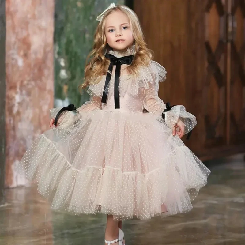

Princess Flower Girl Dress Illusion Tiered Tulle Puffy Pageant Princess Gowns A-line Long Sleeve Bow Wedding Birthday Gown 2024