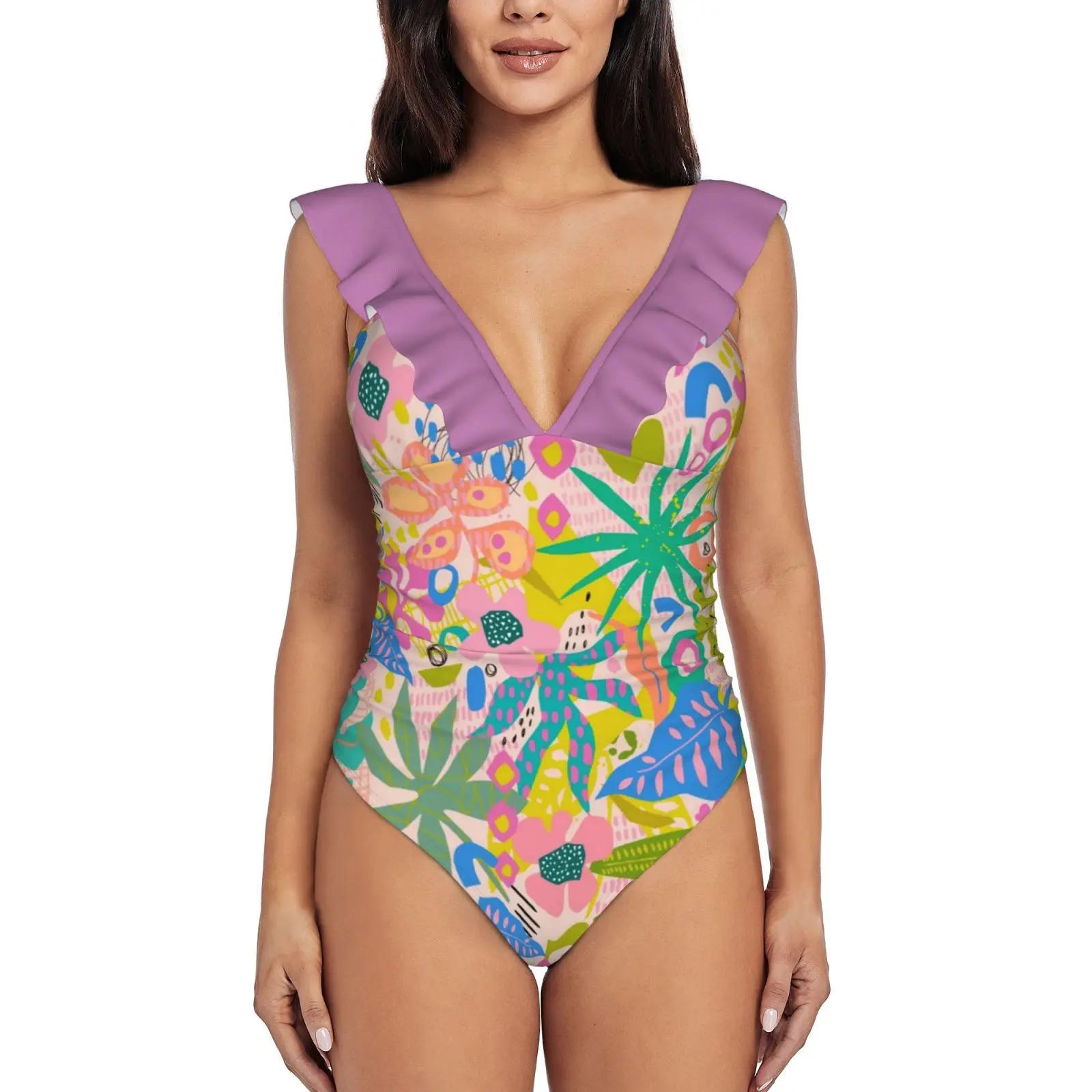 

Summer Funk Ruffle One Piece Swimsuit Women Swimwear Push Up Monokini Sexy Print Bathing Suit Color Palms Pattern Pink Summer