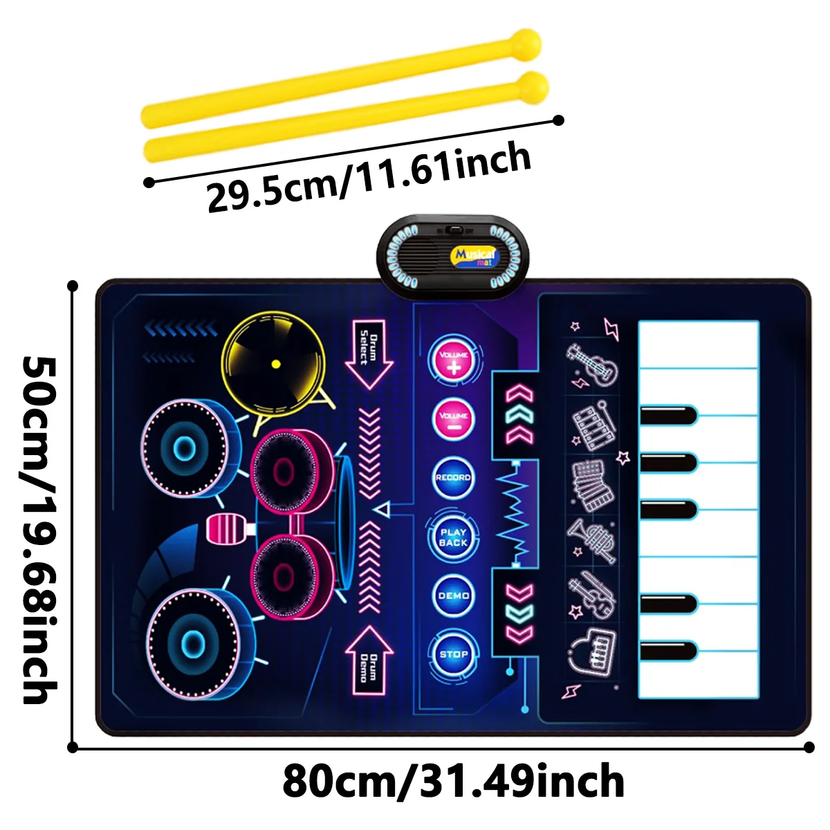 Piano Mat, Music Sensory Play Mat Piano Keyboard&Jazz Drum Music Piano Mat with 2 Sticks for Kids Instrument Education Gift - 2