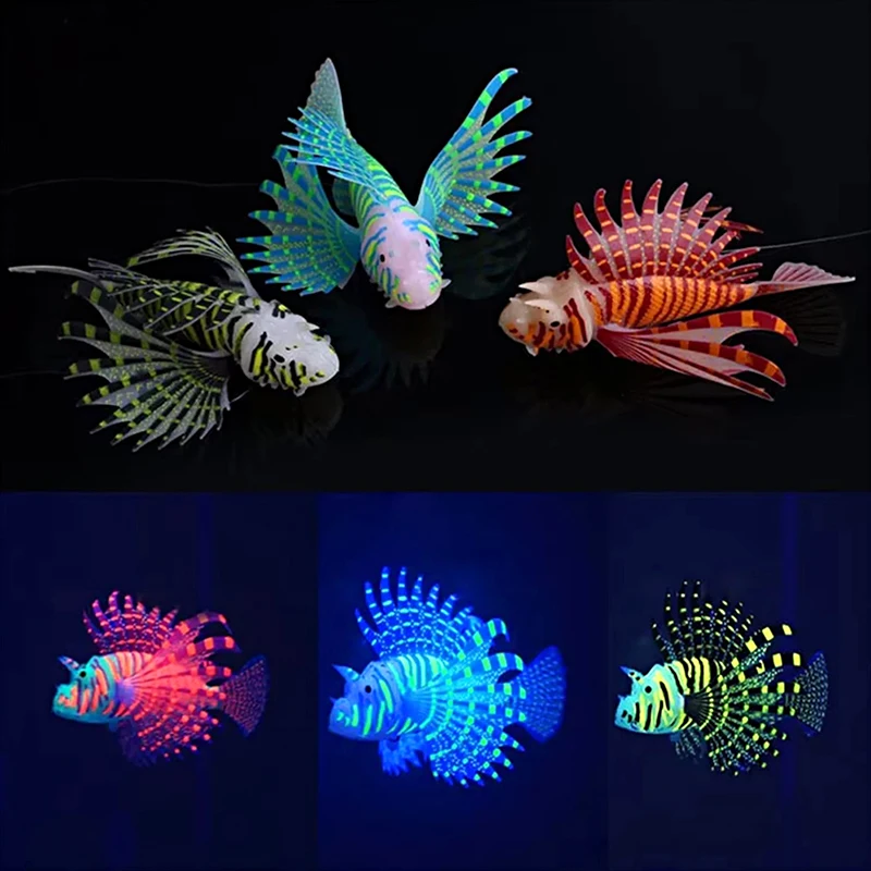 1pcs Artificial Luminous Lionfish Fish Silicone Fake Fish Floating Glow In Dark Aquarium Tank Landscape Ornament Home Decoraton