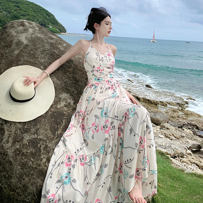 

Summer New Halter Bohemian Beach Dress Women 2023 Maxi Backless Elegant Ladies Sundress French Lolita Hawaiian Clothing Vestidos