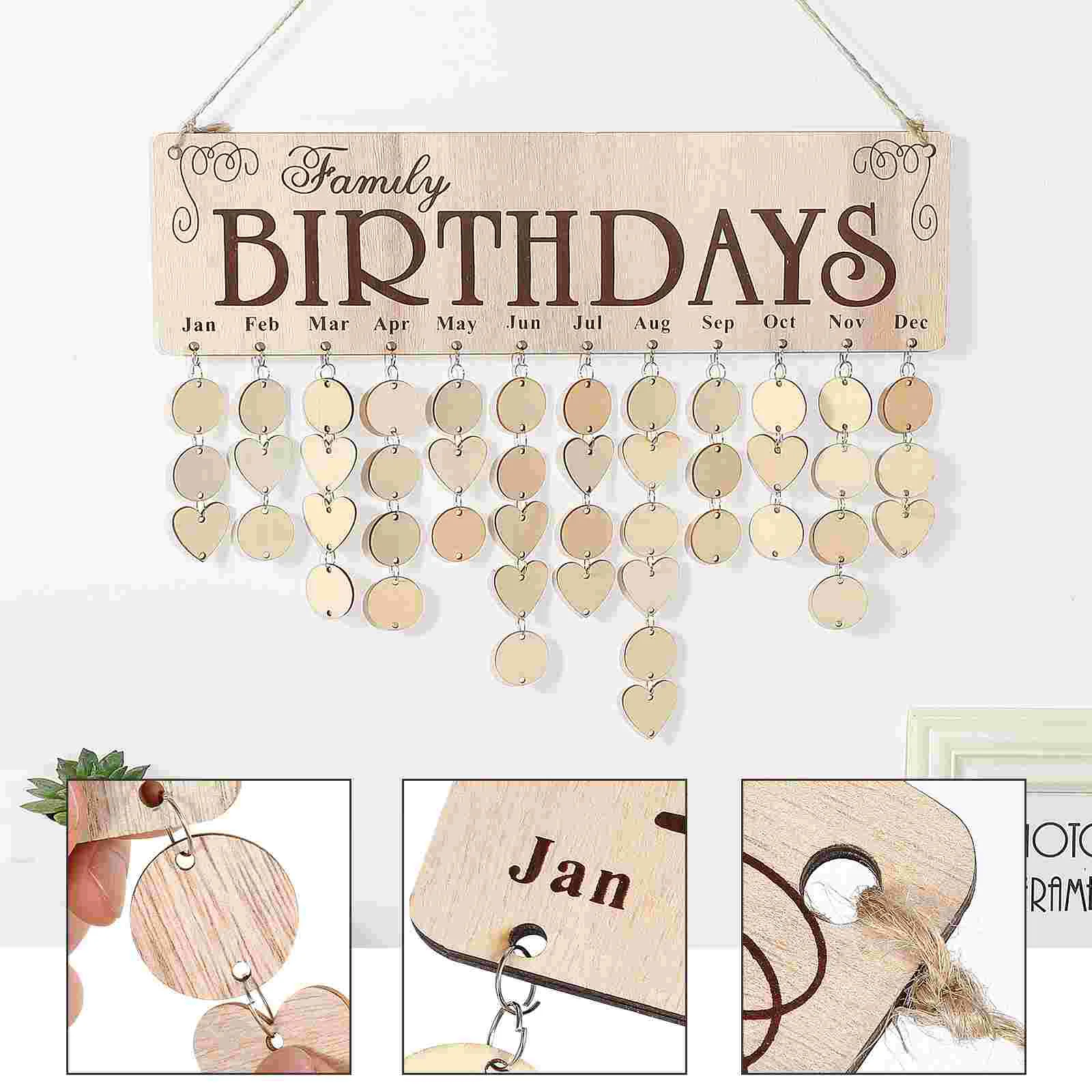 Wooden Birthday Planner Board Heart Round Discs 50 Pcs for DIY Hanging Calendar Reminder Wall Decor Festive Supplies