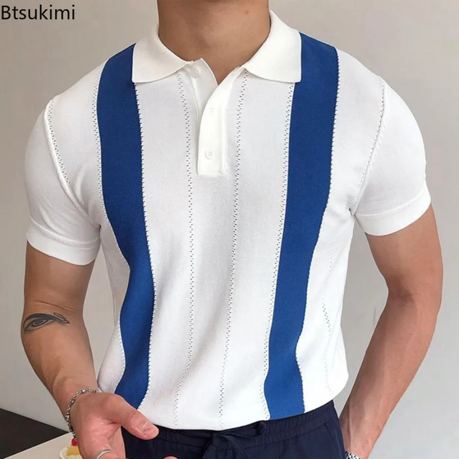 Mens Polo Shirt Luxury Print Stripe Sleeves Collar Slim Fit Stretch Golf  Casual